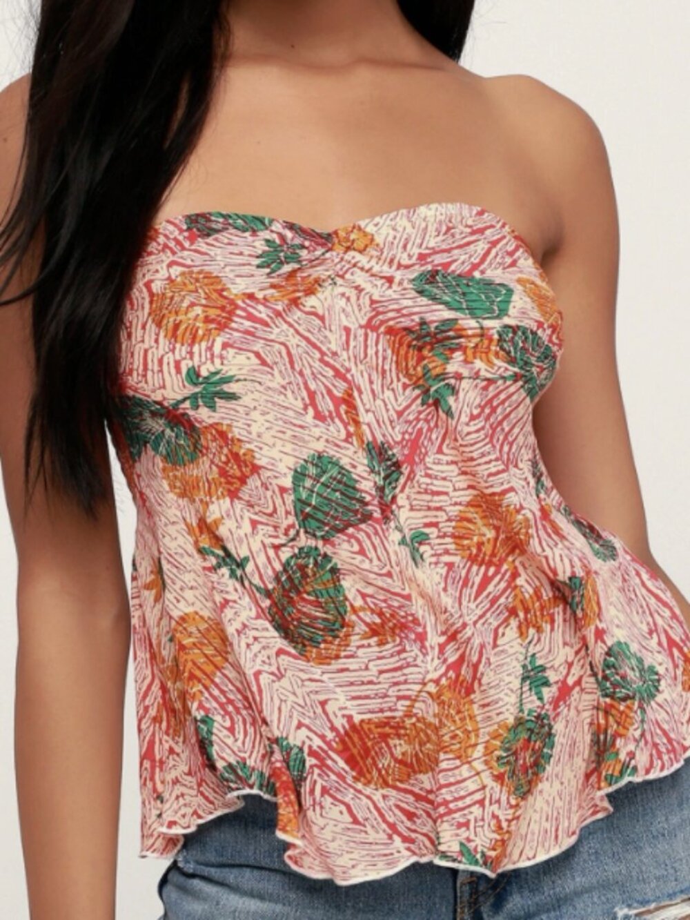 Free People Intimately Smocked Tube Top XS Pink Tropical Floral Strapless Boho